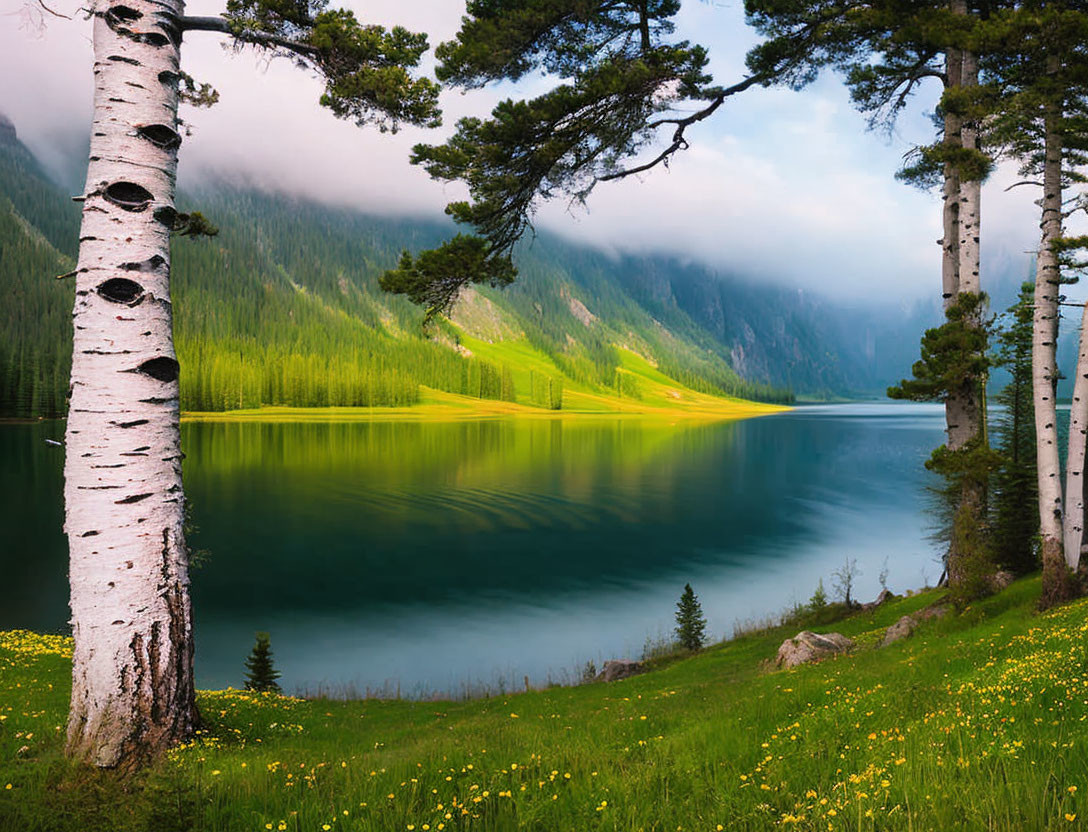 Tranquil mountain lake with birch trees and misty skies