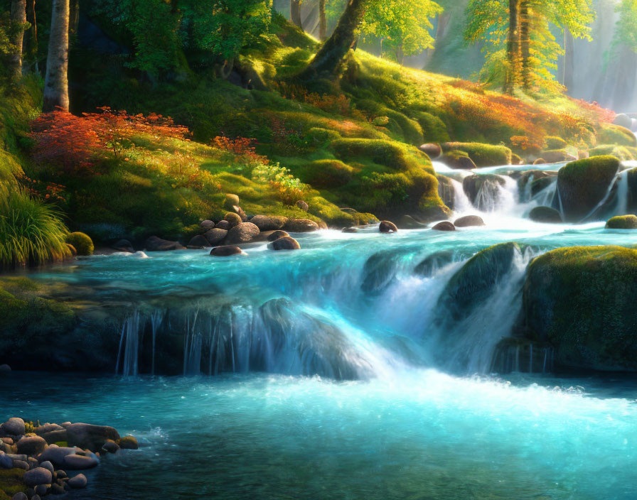 Tranquil waterfall in lush forest with moss-covered stones