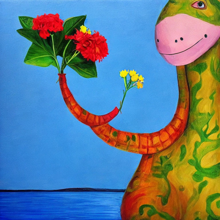 Smiling cartoon dinosaur holding plants on blue background