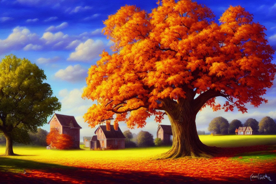 Colorful autumn landscape with large orange tree and quaint houses under clear blue sky