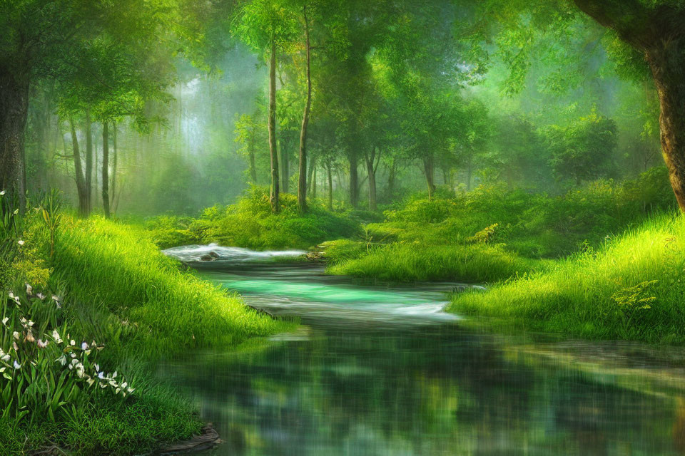 Tranquil forest landscape with lush green canopy, flowing stream, and sunbeams.