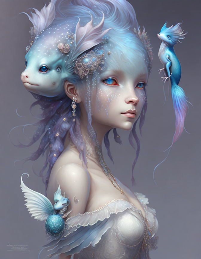 Pale blue-skinned woman with aquatic features and two stylized fish creatures.