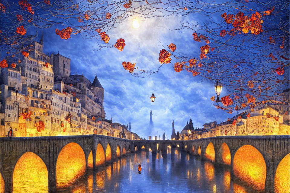 Stone bridge with glowing arches over river at night, medieval buildings, moonlit sky.