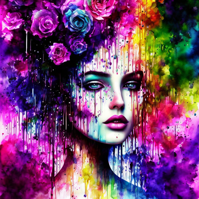 Colorful Woman's Face Artwork with Dripping Paint and Roses