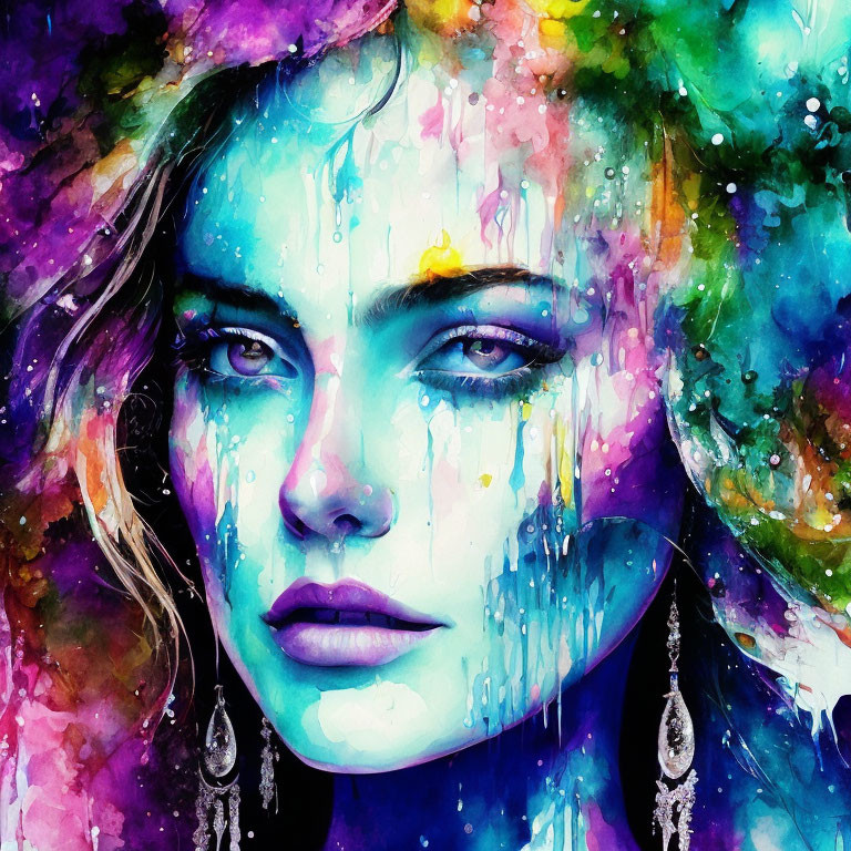 Colorful Watercolor Portrait of Intense-Eyed Woman