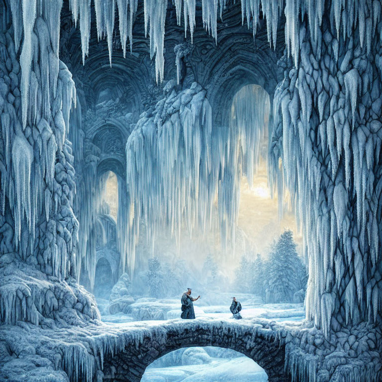 Snowy bridge in mystical frozen cavern with icicle formations and stone arches