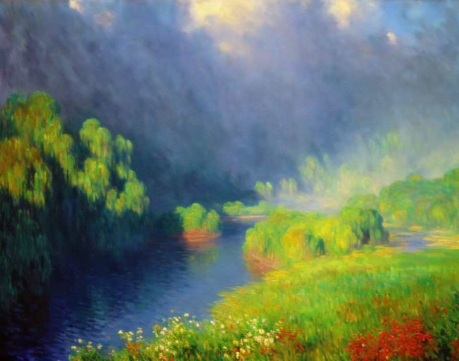 Tranquil river painting with lush trees, wildflowers, and cloudy sky