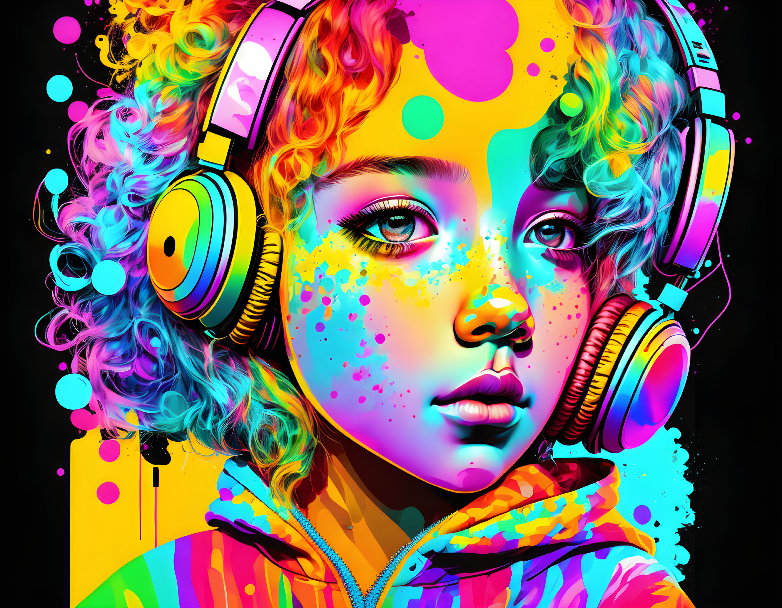 Colorful digital artwork featuring girl with curly hair and headphones