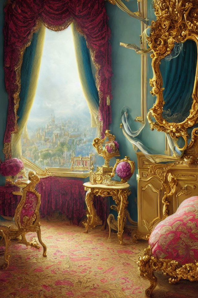 Luxurious Room with Grand Window, Ornate Furniture, and Golden City View