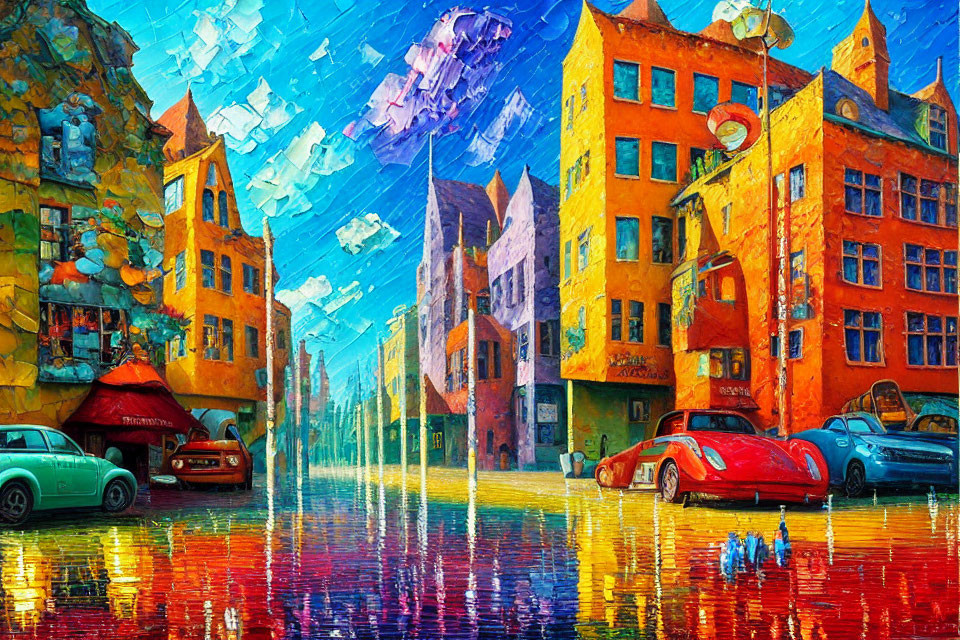 Colorful cityscape with rain, umbrellas, vintage cars, and picturesque buildings in wet street.