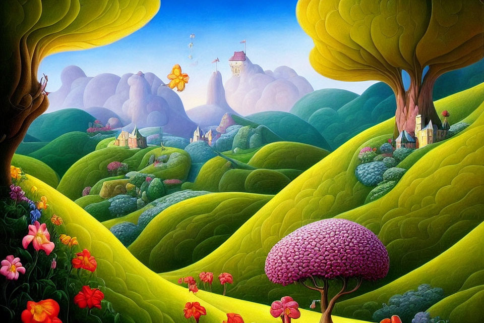 Colorful landscape with green hills, castle, and unique pink tree