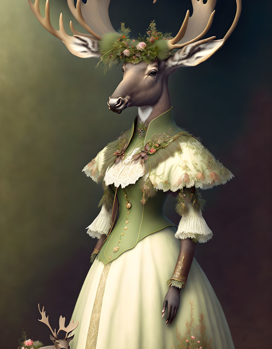 Anthropomorphic deer in vintage gown with floral decorations