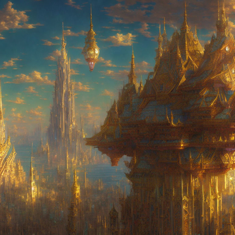 Golden ornate buildings and floating lanterns in a mystical cityscape