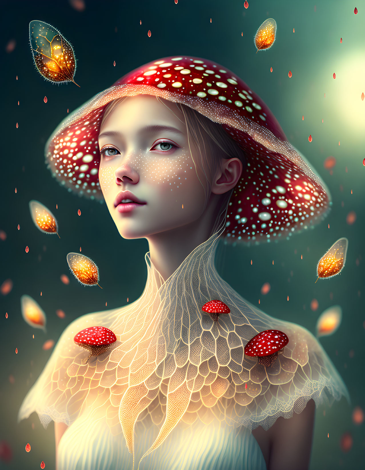 Fantastical portrait of girl with mushroom cap hat and glowing butterflies.