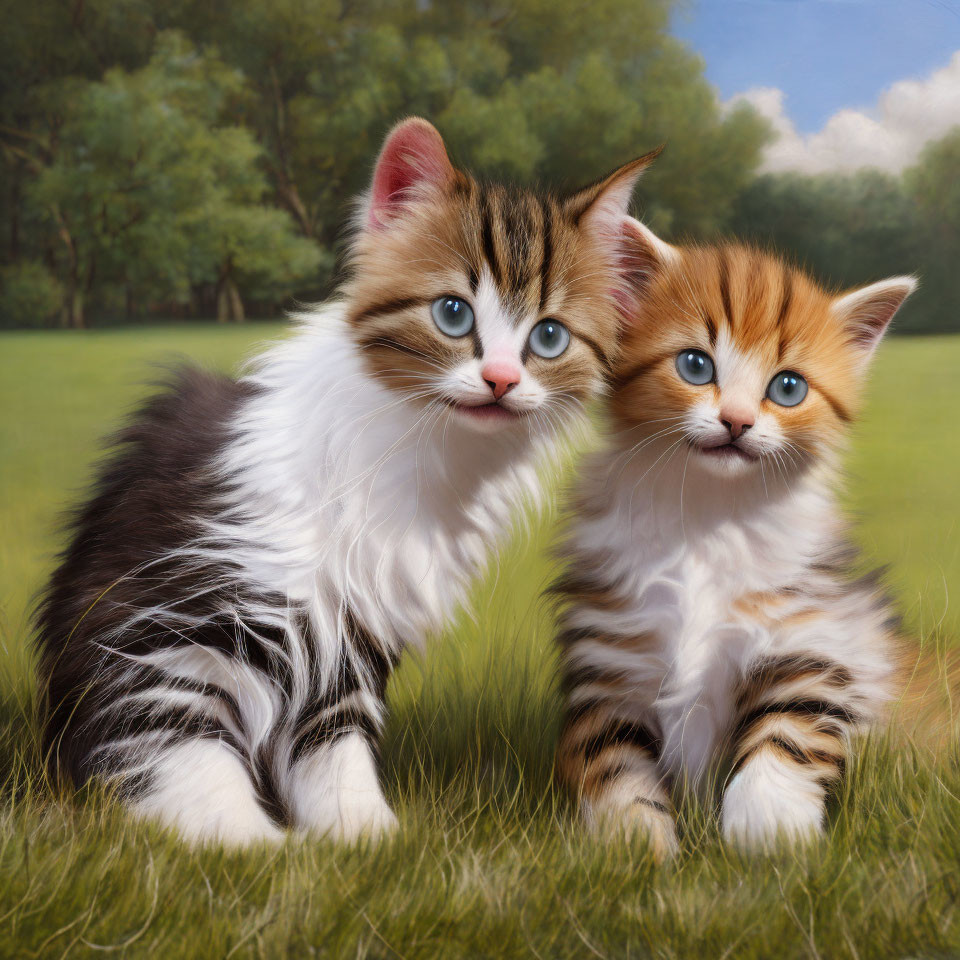 Fluffy kittens with blue eyes in grassy field with trees and sky