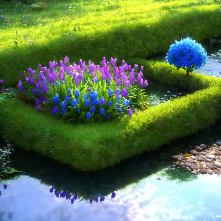 Lush garden with colorful flowers, serene pond, and unique blue-leaved tree