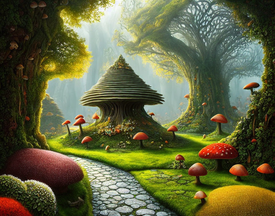 Enchanting forest scene with cobblestone path, mushroom house, red mushrooms, green trees