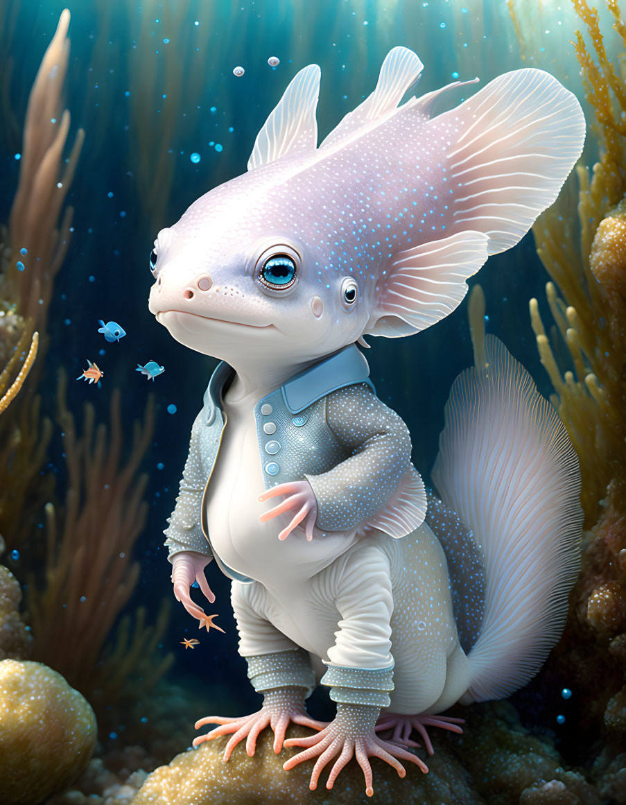 Anthropomorphic axolotl in suit underwater surrounded by coral and fish