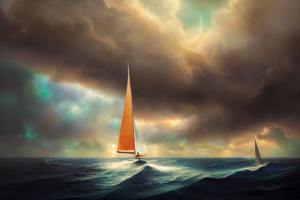 Sailboats in turbulent seas under dramatic sky