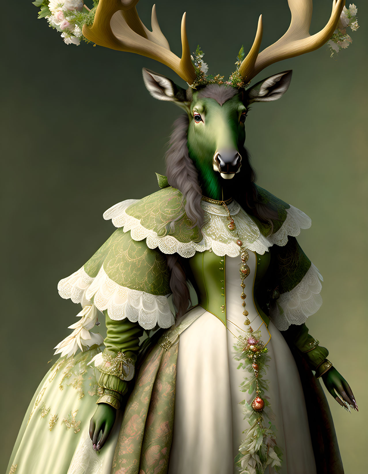 Anthropomorphic deer in elegant period attire with floral details