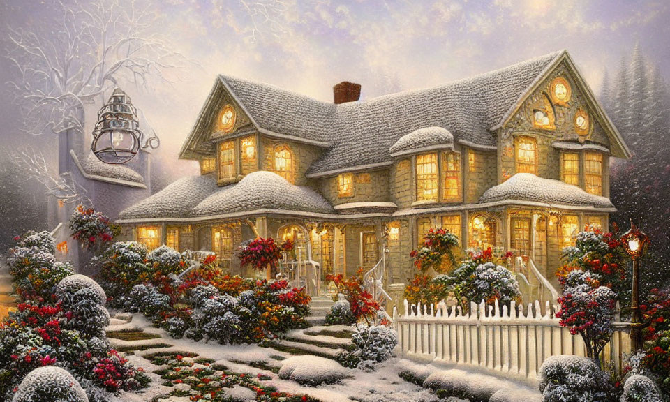 Snowy Landscape: Cozy Two-Story House with Illuminated Decor and Falling Snowflakes