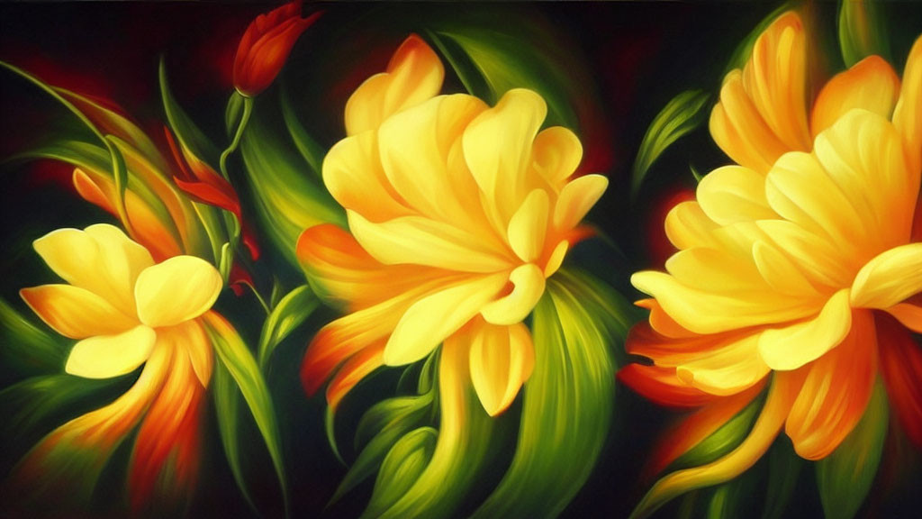 Colorful painting of blooming yellow flowers on dark background