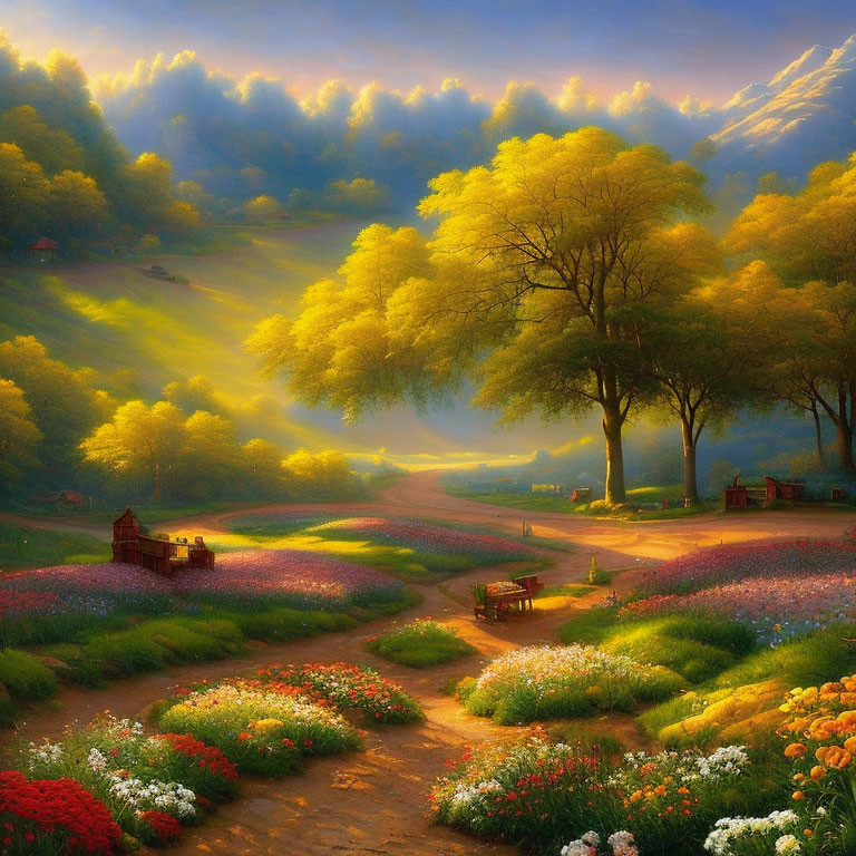 Tranquil landscape with sunlit path, vibrant flowers, lush trees