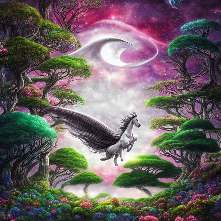 Fantasy illustration: rearing unicorn under crescent moon in vibrant forest