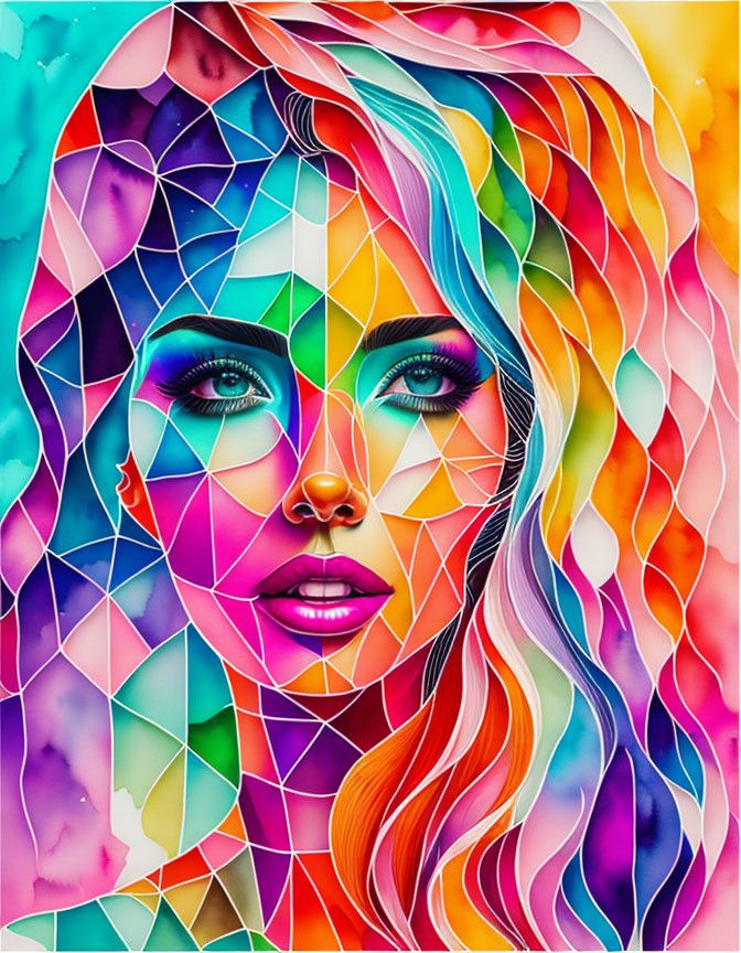 Geometric multicolored design overlay on woman portrait against watercolor background