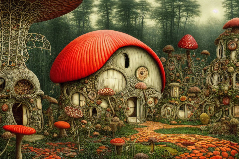 Enchanting forest with mushroom houses, cobblestone path & lush vegetation