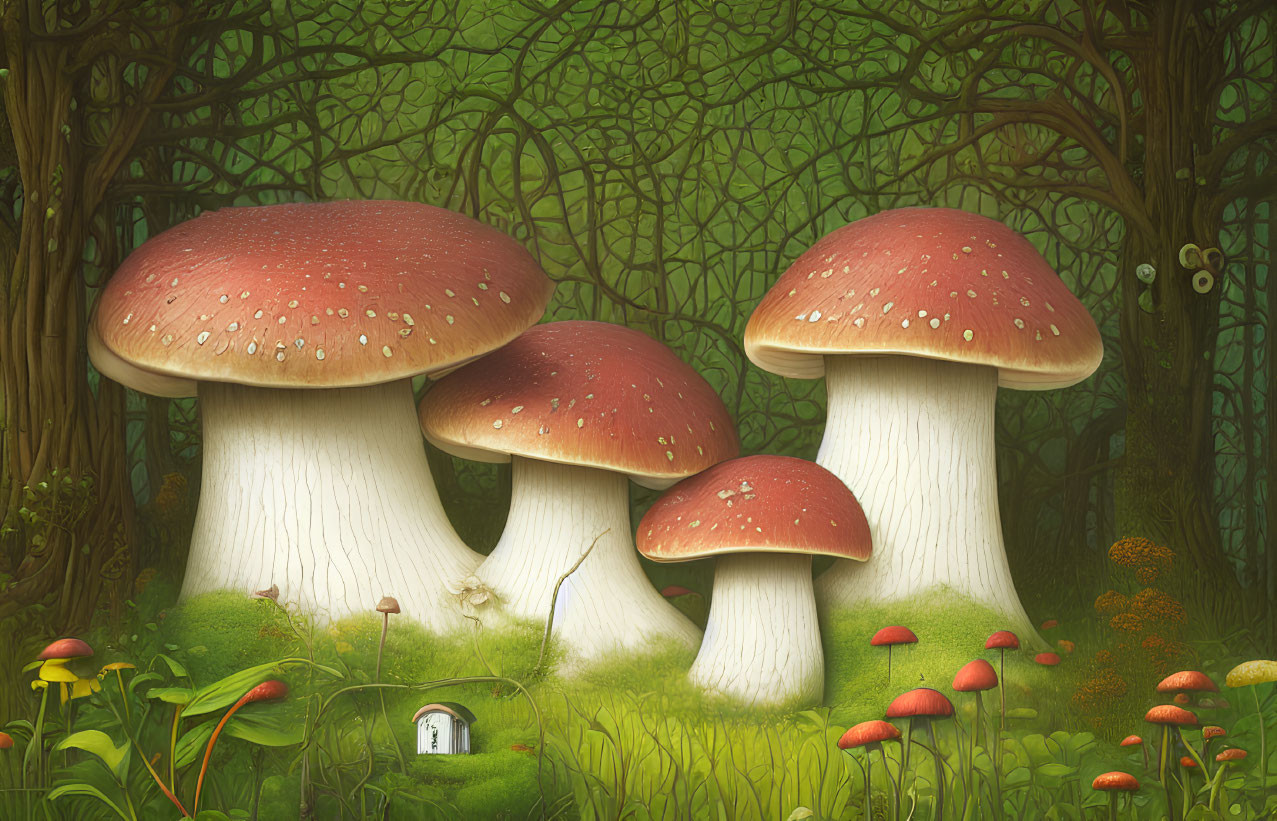 Enchanting forest scene with whimsical mushrooms and tiny door