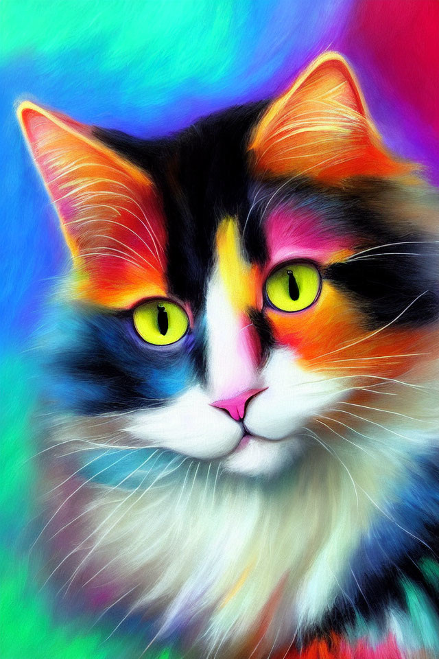 Colorful Digital Painting of Cat with Yellow Eyes and Rainbow Background