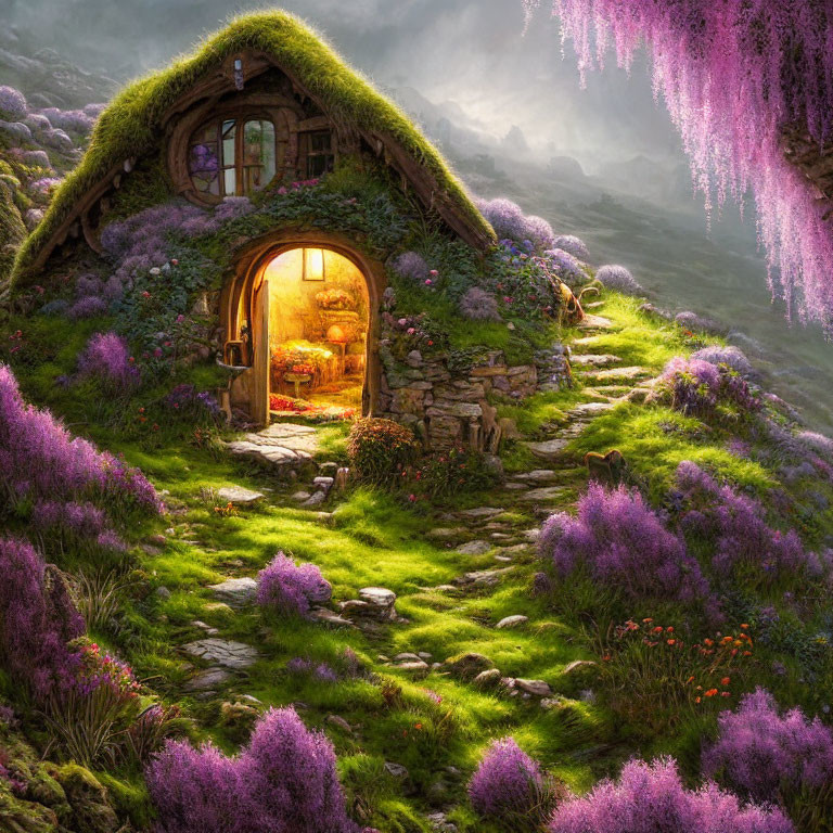 Stone cottage with thatched roof surrounded by greenery and purple flowers at sunset