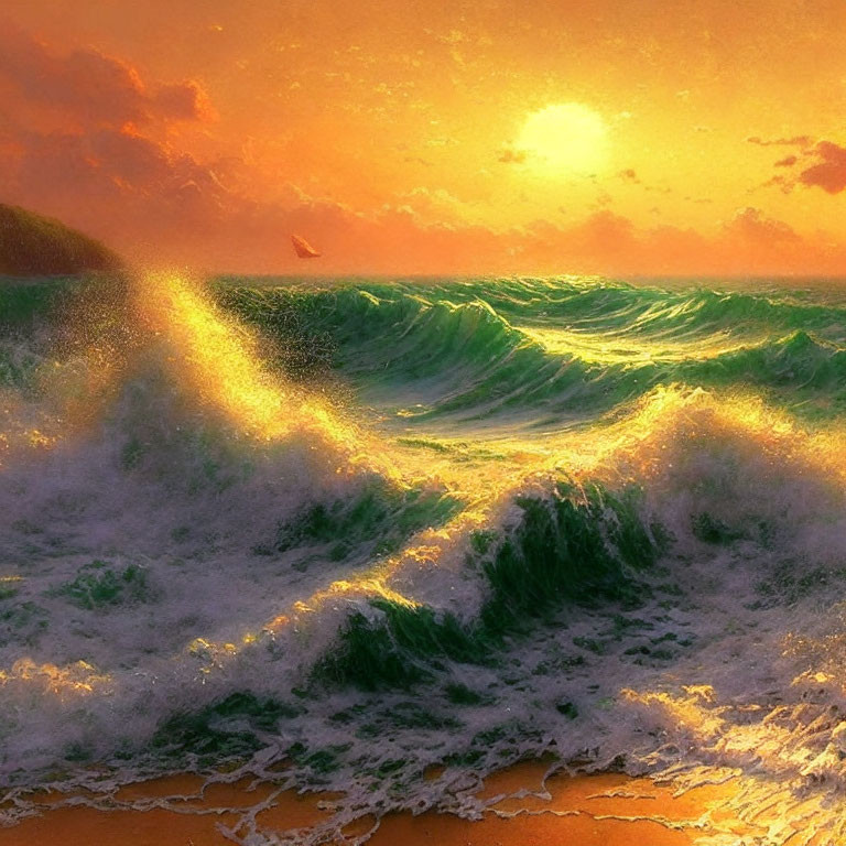 Scenic ocean sunset with cresting wave and orange glow