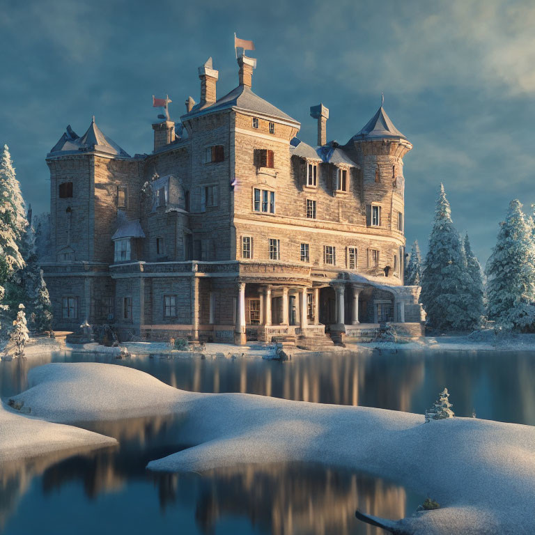 Snow-covered stone castle in winter landscape with frozen lake and frosty trees