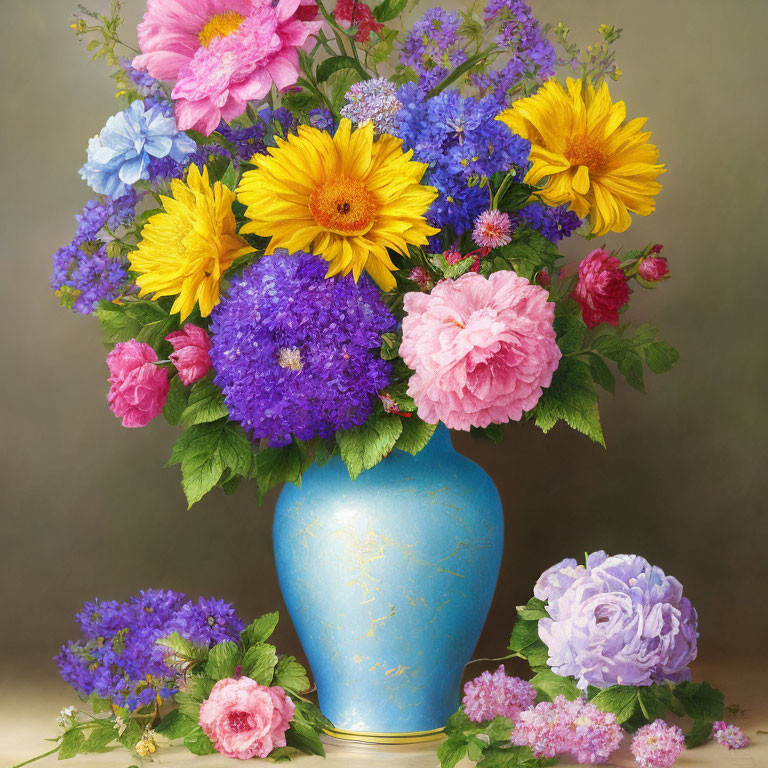 Assorted Flowers Bouquet in Blue Vase on Muted Background