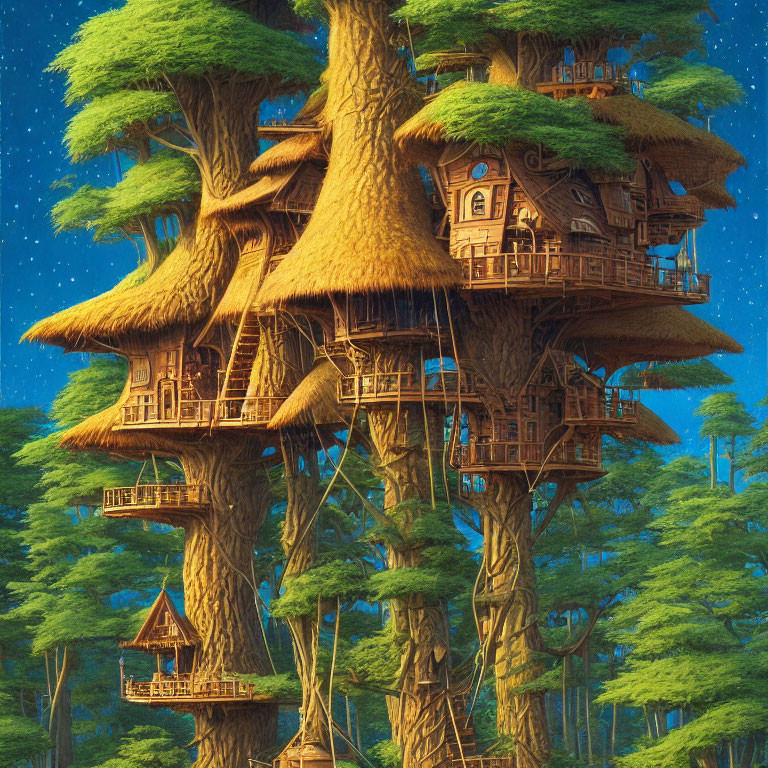 Intricate Wooden Treehouses in Starlit Forest