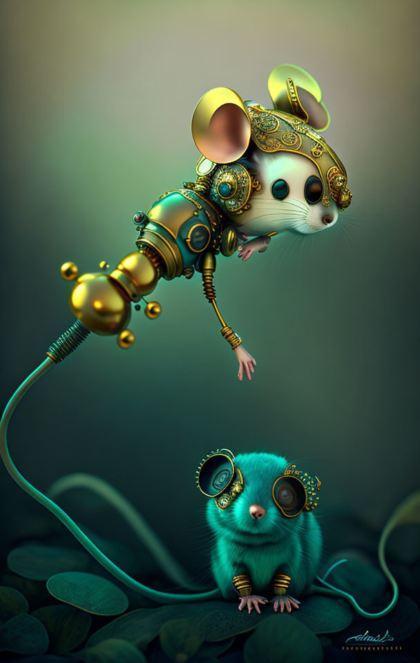 Stylized steampunk mouse and bug on leafy background