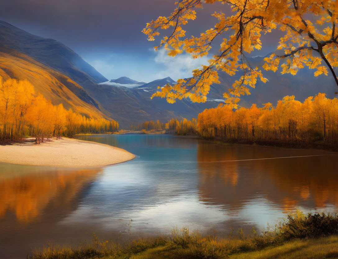 Scenic landscape with river, autumn trees, and mountains under dramatic sky