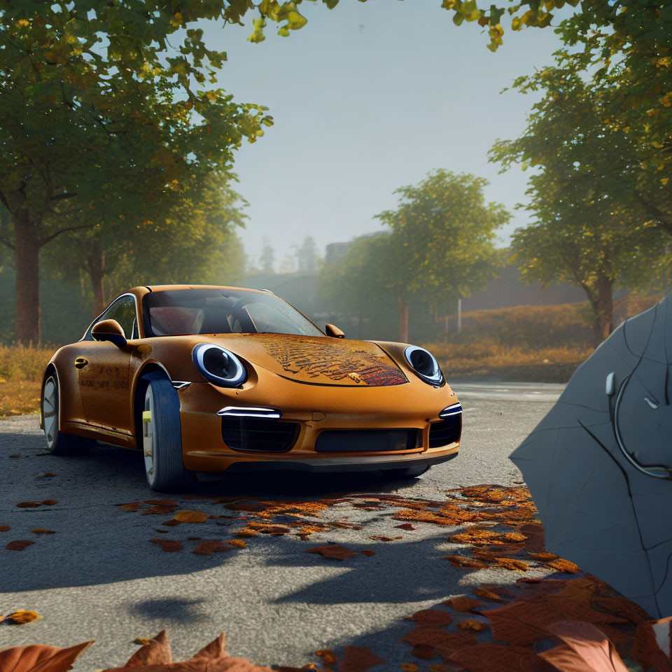 Golden Porsche 911 on Autumn Road with Trees and Sunlight