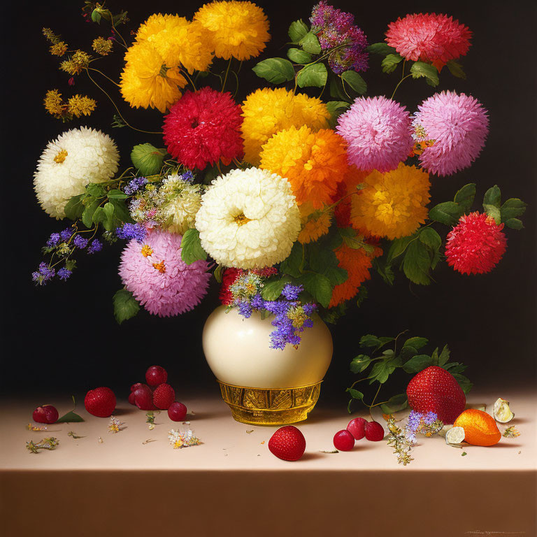 Colorful Flower Bouquet with Fruit on Table in White Vase