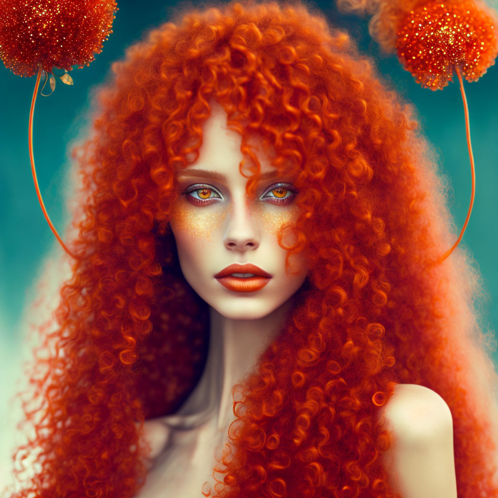 Curly Red-Haired Woman with Blue Eyes Holding Orange Flowers