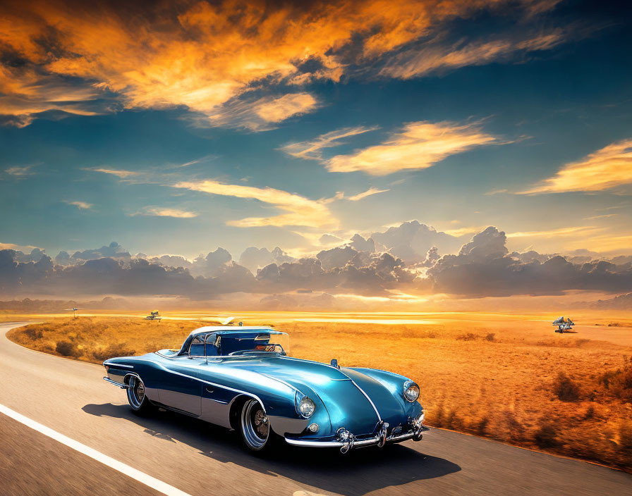 Vintage Blue Convertible Car Driving on Open Road at Sunset