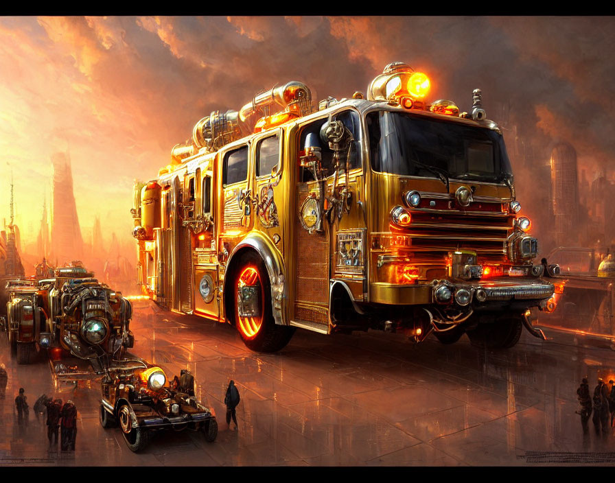 Detailed futuristic chrome firetruck in dystopian cityscape at sunset