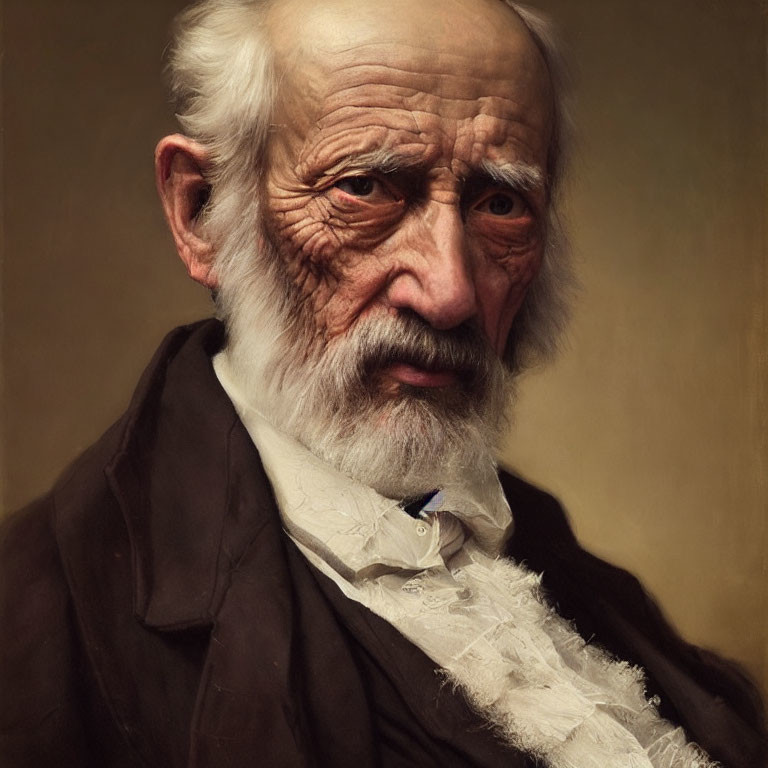 Elderly man with white beard and intense gaze in dark coat against neutral background