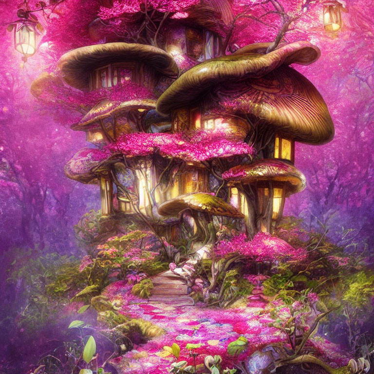 Fantastical mushroom-shaped house in pink foliage forest