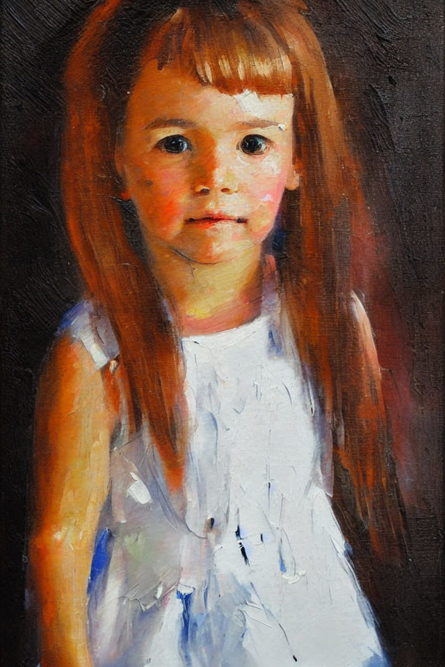 Portrait of a Young Girl with Brown Hair and Rosy Cheeks in White Dress