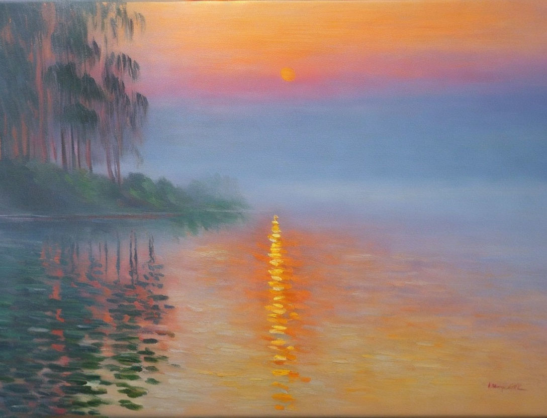 Tranquil sunset painting with golden water reflection and tree silhouettes