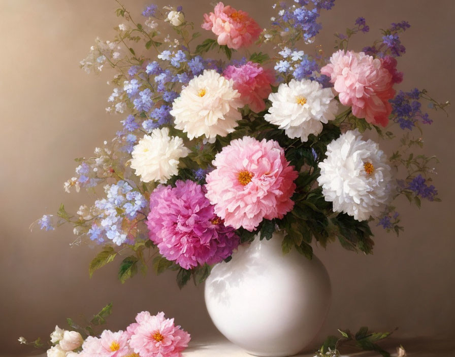 White Vase with Pink and White Peonies and Blue Flowers on Beige Background