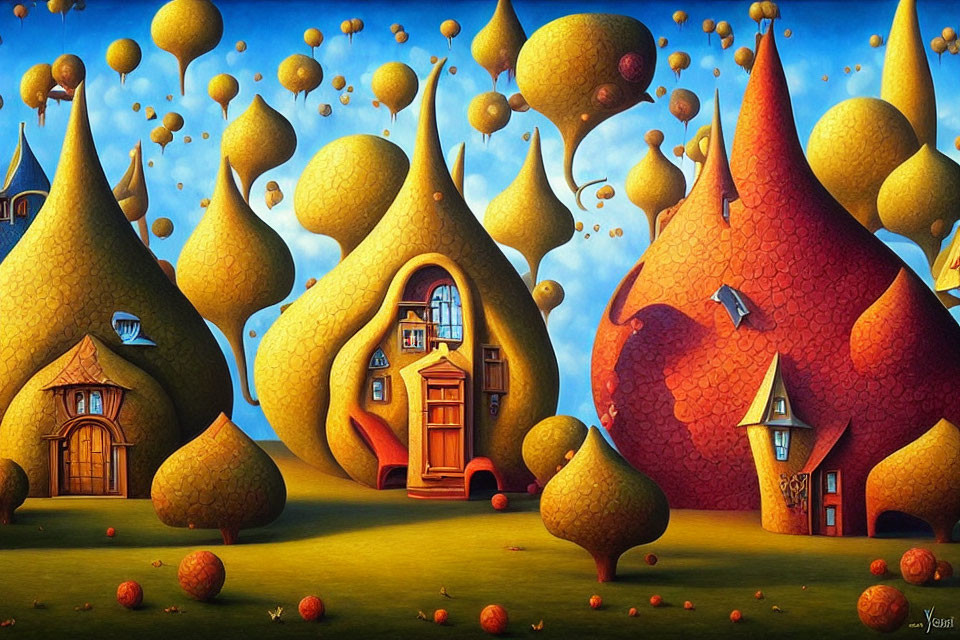 Vibrant surreal artwork: pear-shaped houses, floating orbs, apple-like objects, blue sky